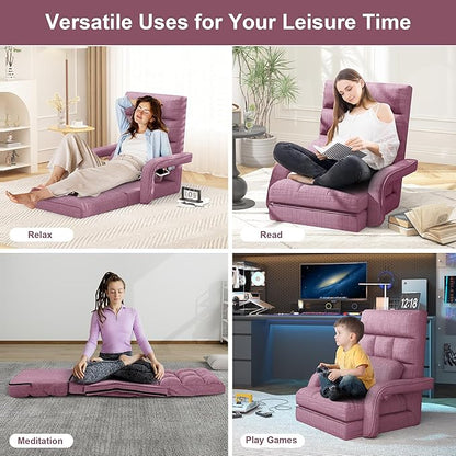 Adjustable Floor Gaming Chair for Adults, 6-Position Chaise Lounge Chair with Meditation Arm, Foldable Lazy Sofa with Pillow, Comfy Chair Indoor for Bedroom Dorm Living Room, Purple
