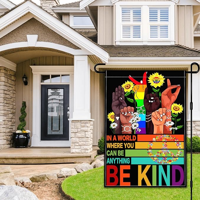 Be Kind Garden Flag 12x18 Inch In A World Where You Can Be Anything Garden Flag 3ply Polyester Double Sided with Rainbow and Peace Sign for Outdoor House Yard Outside Garden Decor