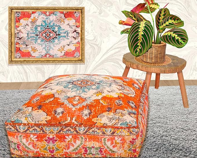 Mandala Life ART Large Yoga Décor Bean Bag Cover Orange Boho Chic Orange Decorative Floor Cushion Moroccan Seating Area Perfect for Living Room, Bedroom, Nursary or Children Room Unstuffed
