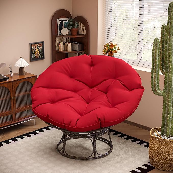 46'' Large Size Papasan Chair with Cushion and Frame, Lazy Chair for Reading, Living Room, Bedroom, Red