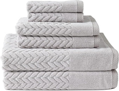 Texere 100% Organic Cotton Jacquard 650 GSM Premium Bath Towel Sets - Extra Absorbent Quick Dry and Plush, 2 Large Bath Towels, 2 Hand Towels, 2 Washcloths (Cable, Light Taupe, 6 Piece)