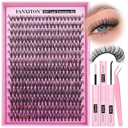 FANXITON DIY Lash Extension Kit 30D D Individual Lashes Lash Clusters Kit Cluster Lashes Lash Bond and Seal and Lash Tweezers for Lash Clusters Kit DIY at Home