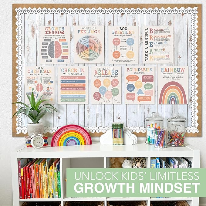 9 Mental Health Posters For Classroom - 11x14" School Counselor Office Decor, Power of Yet & Growth Mindset Poster, School Counseling Posters Elementary - Boho Muted Classroom Decor