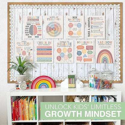 9 Mental Health Posters For Classroom - 11x14" School Counselor Office Decor, Power of Yet & Growth Mindset Poster, School Counseling Posters Elementary - Boho Muted Classroom Decor