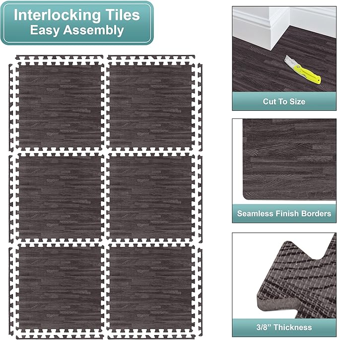 Sorbus Wood Grain Floor Tiles Foam Mat EVA Interlocking Mats Tile 3/8-Inch Thick Flooring Wood Puzzle Exercise Mats w/Borders - Home Playroom Basement, Apartment, Trade Show, Baby, Dance