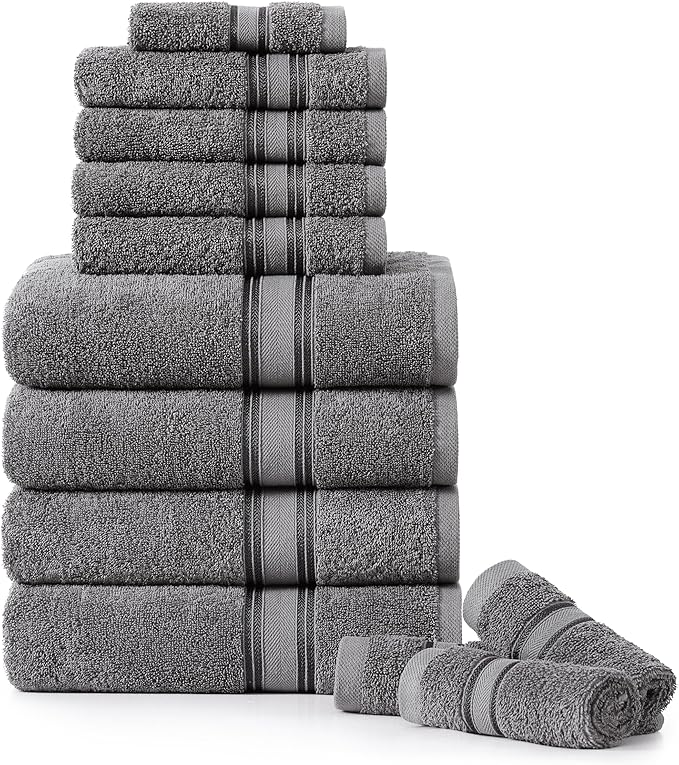 LANE LINEN Luxury Bath Towels Set - 12 Piece, 100% Cotton, Zero Twist, Super Soft & Absorbent, Includes 4 Bath Towels, 4 Hand Towels, 4 Washcloths - Cool Grey