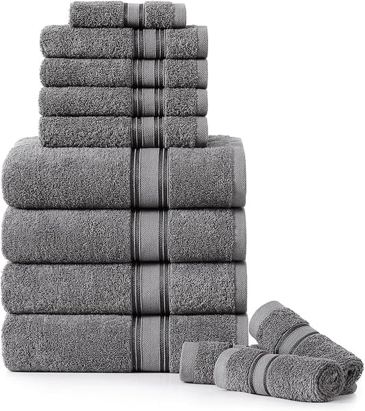 LANE LINEN Luxury Bath Towels Set - 12 Piece, 100% Cotton, Zero Twist, Super Soft & Absorbent, Includes 4 Bath Towels, 4 Hand Towels, 4 Washcloths - Cool Grey