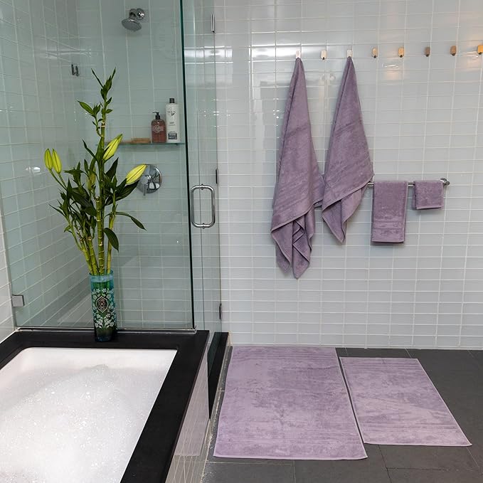 Mosobam Luxury Turkish 3pc Mixed Bath Bundle 2 Sizes for Body Towels and 1 XL Bath Mat Lavender Aura 700 GSM & 1000 GSM Bamboo Viscose & Aegean Turkish Combed Cotton
