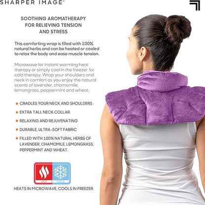 Sharper Image Heated Neck & Shoulder Wrap - Microwavable Warm & Cooling Plush Pad, Scented Aromatherapy (100% Natural Lavender & Herb Spa Blend), Pain Tension Headache Relief Therapy, Gift for Women