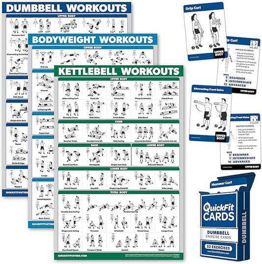 4 Pack: Dumbbell + Bodyweight + Kettlebell Workouts Poster Set + Dumbbell Exercise Playing Cards