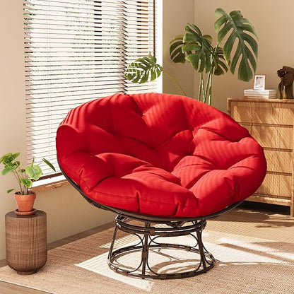 46'' Large Size Papasan Chair with Cushion and Frame, Lazy Chair for Reading, Living Room, Bedroom, Red