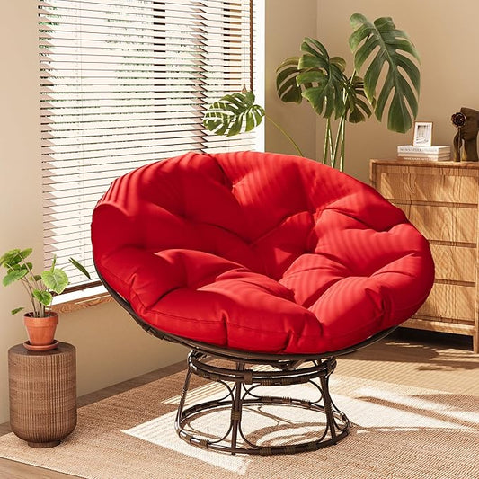 46'' Large Size Papasan Chair with Cushion and Frame, Lazy Chair for Reading, Living Room, Bedroom, Red
