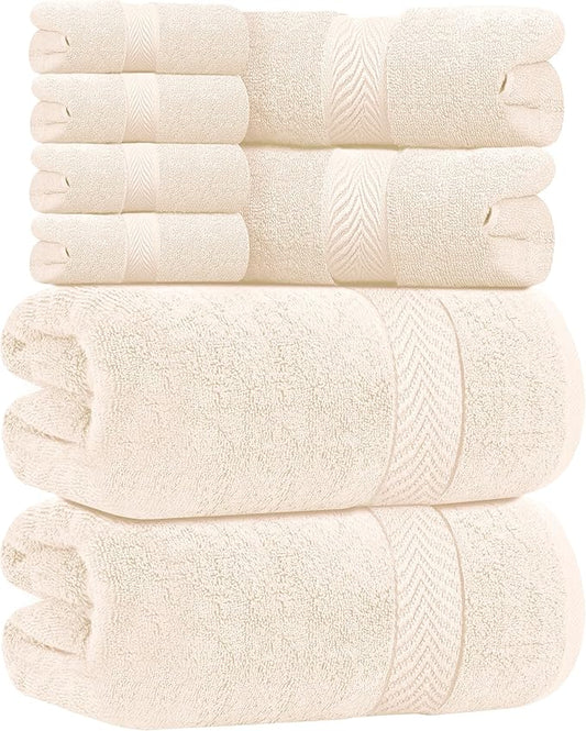 Oakias Premium Towel Set 600 GSM 8 Piece Sea Salt - 100% Ring Spun Cotton Highly Absorbent Towels Set - Super Soft Bathroom Towel Set - Hotel Quality Double Stitched Hem - Ideal for Hotels, Spa, Gyms