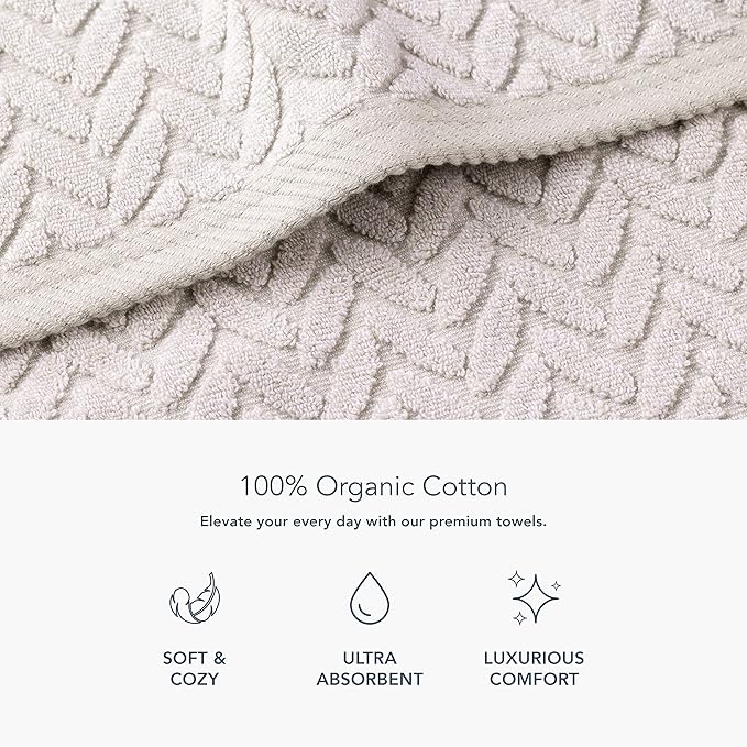 Texere 100% Organic Cotton Jacquard 650 GSM Premium Bath Towel Sets - Extra Absorbent Quick Dry and Plush, 2 Large Bath Towels, 2 Hand Towels, 2 Washcloths (Cable, Light Taupe, 6 Piece)