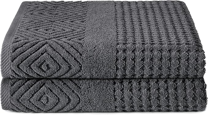 Texere 100% Organic Cotton Diamond Jacquard 700 GSM Luxury Bath Towel Sets - Ultra Soft and Absorbent Hotel and Spa Quality (Diamond, Charcoal, 2 Bath Towels)