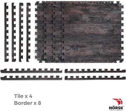 Décor by NÖRSK Reversible Interlocking Faux Wood Foam Floor Tiles, 24 X 24 X .47", 4-Pack, 16 Square Feet, Dark Walnut/Black