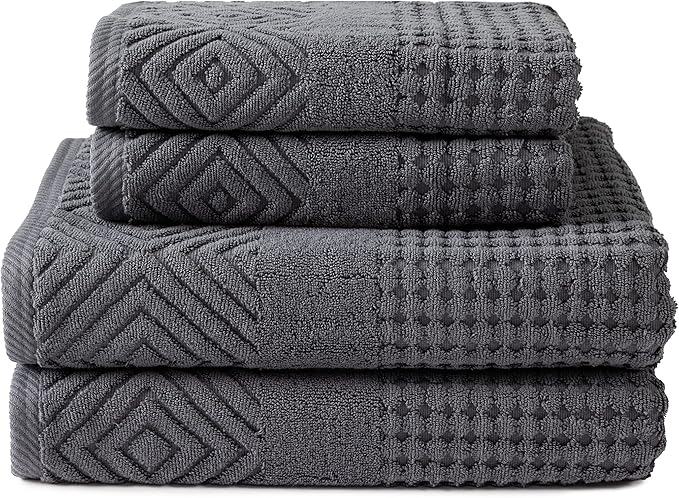 Texere 100% Organic Cotton Diamond Jacquard 700 GSM Luxury Bath Towel Sets - Ultra Soft and Absorbent Hotel and Spa Quality (Diamond, Charcoal, 2 Bath & 2 Hand Towels)