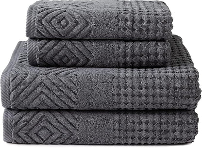 Texere 100% Organic Cotton Diamond Jacquard 700 GSM Luxury Bath Towel Sets - Ultra Soft and Absorbent Hotel and Spa Quality (Diamond, Charcoal, 2 Bath & 2 Hand Towels)