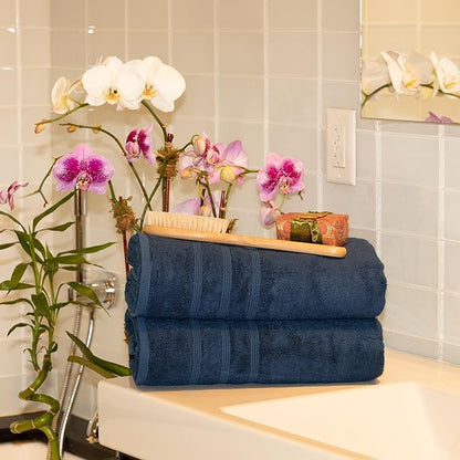 Mosobam Luxury Turkish Set of 2 Bath Towels 30X58 Navy Blue 700 GSM Bamboo Viscose & Aegean Turkish Combed Cotton