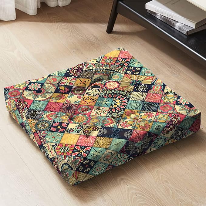 Mandala Meditation Cushion, Boho Meditation Mat, Meditation Pillows for Sitting on Floor, Cushions for Sitting in Home and Outdoor, Square Floor Pillows Cushion Seating for Yoga 22'' X 22''
