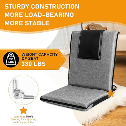 Floor Chair with Water Repellent Fabric 14-Position Adjustable Floor Chair with Back Support Portable Floor Seat for Adults Foldable Meditation Seat with Washable Cover (Dark Grey)