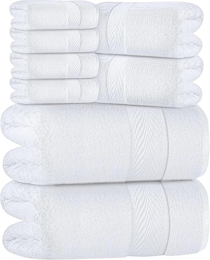 Oakias Premium Towel Set 600 GSM 8 Piece White - 100% Ring Spun Cotton Highly Absorbent Towels Set - Super Soft Bathroom Towel Set - Hotel Quality Double Stitched Hem - Ideal for Hotels, Spa, Gyms