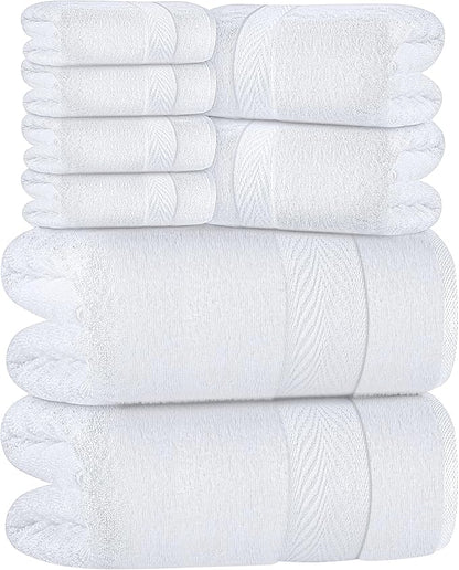 Oakias Premium Towel Set 600 GSM 8 Piece White - 100% Ring Spun Cotton Highly Absorbent Towels Set - Super Soft Bathroom Towel Set - Hotel Quality Double Stitched Hem - Ideal for Hotels, Spa, Gyms