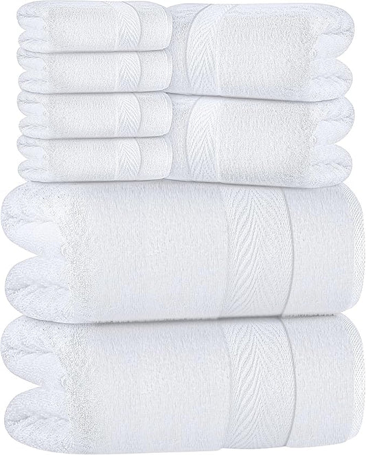Oakias Premium Towel Set 600 GSM 8 Piece White - 100% Ring Spun Cotton Highly Absorbent Towels Set - Super Soft Bathroom Towel Set - Hotel Quality Double Stitched Hem - Ideal for Hotels, Spa, Gyms