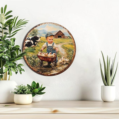 Cbngaoey 1pc Vintage Farm Scene Aluminum Wall Art - 8x8 Inch Round Metal Sign with Boy in Overalls and Chickens,Perfect Gift for Holidays and Outdoor Spaces,Durable Wall Art, Farmhouse Decor