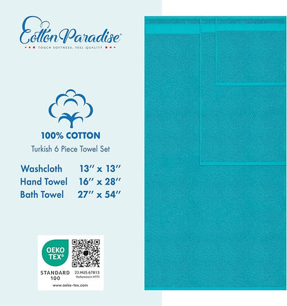 Cotton Paradise 6 Piece Towel Set 100% Cotton Soft Absorbent Turkish Towels for Bathroom 2 Bath Towels 2 Hand Towels 2 Washcloths, Aqua Blue Towel Set
