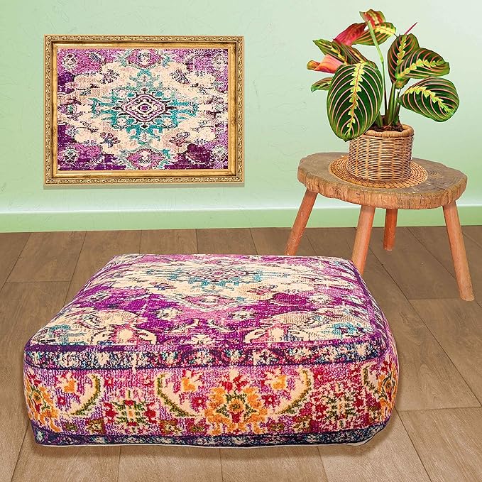 Mandala Life ART Moroccan Floor Cushion Cover Purple Square Large Meditation Pillow Case Moroccan Décor Pouf Ottoman Perfect for Living Room, Bedroom, Nursary or Children Room unstuffed