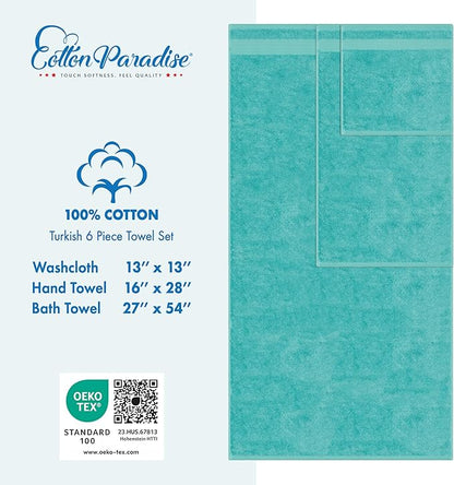 Cotton Paradise 6 Piece Towel Set 100% Cotton Soft Absorbent Turkish Towels for Bathroom 2 Bath Towels 2 Hand Towels 2 Washcloths, Turquoise Towel Set