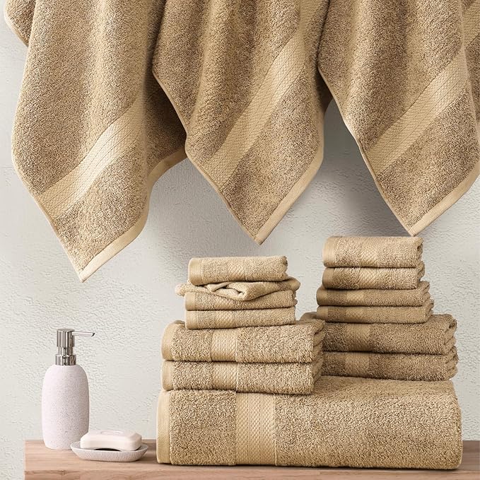 LANE LINEN 100% Cotton Towels Set for Bathroom - 24 Pc - Absorbent, Fast Drying, Machine Washable, Soft & Fluffy - 2 Bath Sheet, 4 Bath, 6 Hand Towel, 8 Washcloth, 4 Fingertip - Eco Friendly - Beige