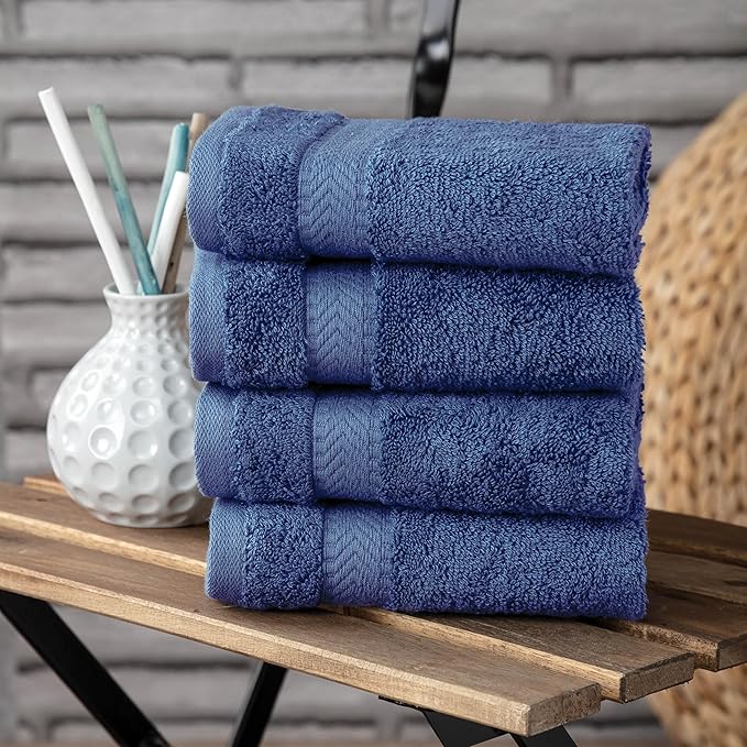 TEXTILOM 100% Turkish Cotton 4 Piece Luxury Washcloth Towel Set for Bathroom & Kitchen, Thick & Super Soft & Highly Absorbent & Quick Dry for Face and Hand- Navy