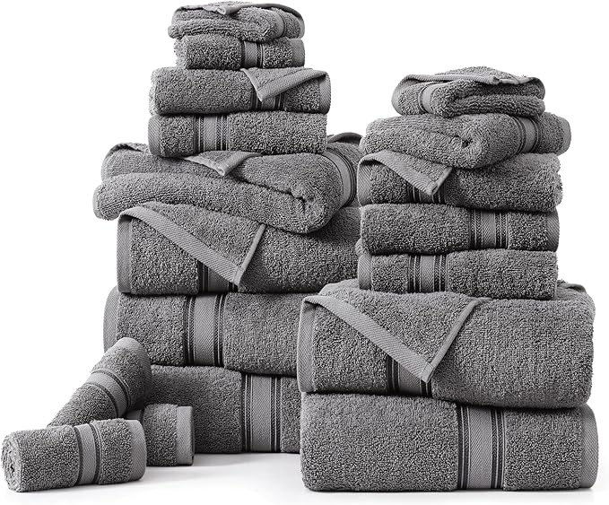 Lane Linen 100% Cotton Luxury Towel Set for Bathroom - 18 Pieces, Zero Twist - Super Plush, Very Soft & Absorbent - 6 Bath Towels, 6 Washcloths, 6 Hand Towels - Suitable for All Skin Types - Cool Grey