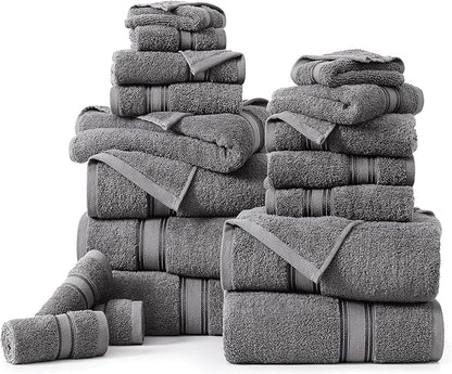Lane Linen 100% Cotton Luxury Towel Set for Bathroom - 18 Pieces, Zero Twist - Super Plush, Very Soft & Absorbent - 6 Bath Towels, 6 Washcloths, 6 Hand Towels - Suitable for All Skin Types - Cool Grey