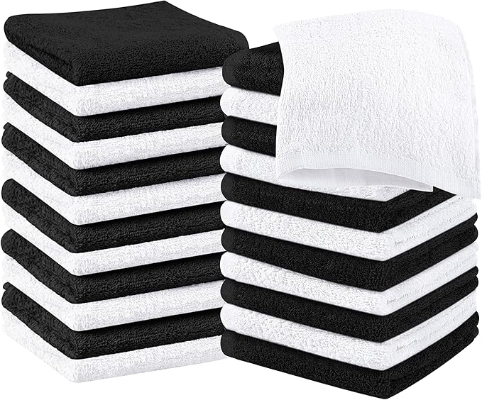 Utopia Towels 24 Pack Cotton Washcloths Set, 100% Ring Spun Cotton, Premium Quality Flannel Face Cloths, Highly Absorbent and Soft Feel Fingertip Towels, Black, White