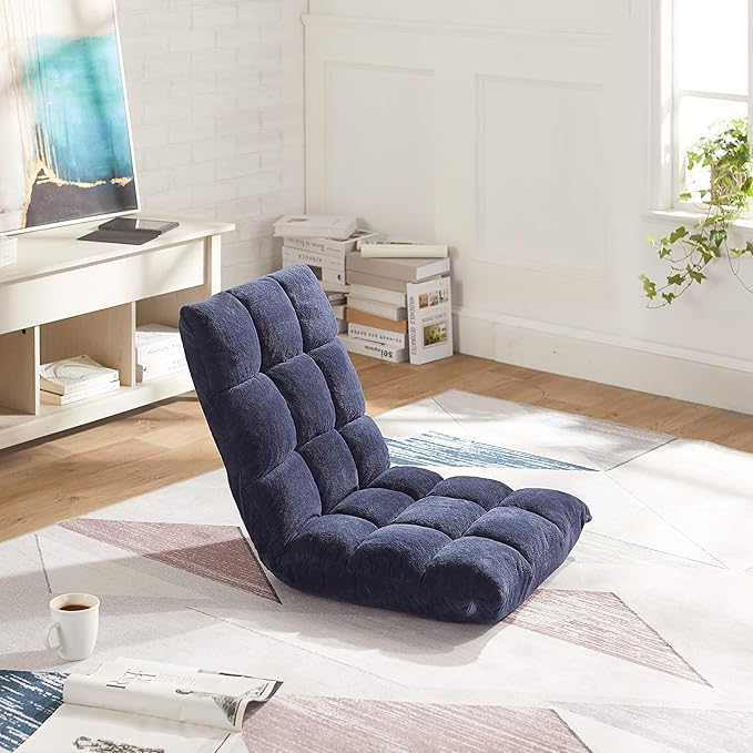 Amazon Basics Adjustable 14-Position Memory Foam Floor Chair with Back Support, Portable, 41.3"D x 21.3"W x 6"H, Navy