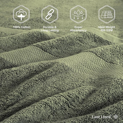 Lane Linen 100% Cotton 4 Pack Bath Towels (28"x54") - Ring Spun Mercerized Cotton Bathroom Towels Set - Quick Dry, Highly Soft & Absorbent Large Bath Towels - Tumble Dry Regains Fluffiness - Oil Green