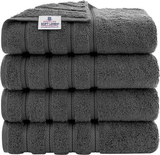 American Soft Linen Luxury 4 Piece Bath Towel Set, 600 GSM 100% Cotton Turkish Bath Towels for Bathroom, 27x54 in Large Bathroom Shower Towels, Dark Gray