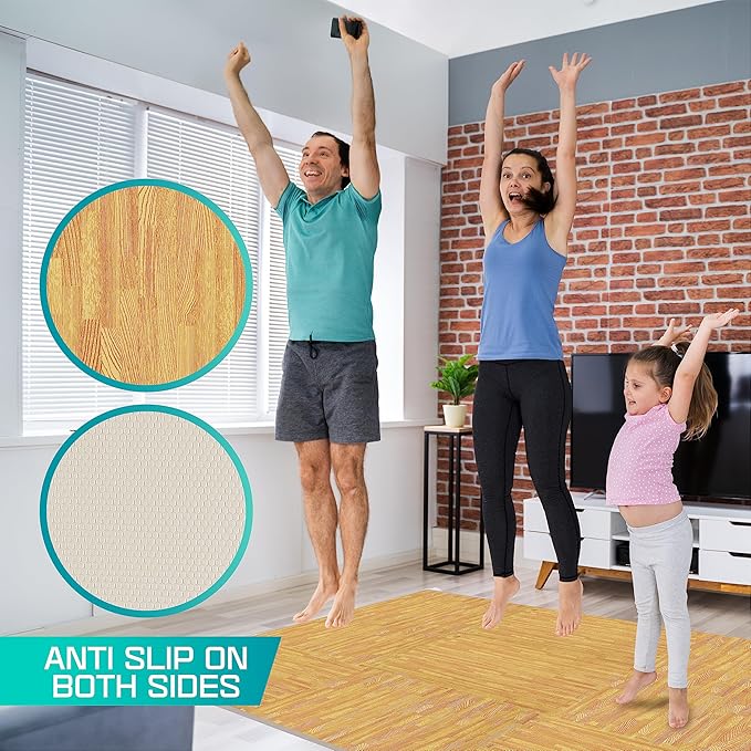 Yes4All 48SQ.FT Wood Grain Puzzle Exercise Mat Protective Flooring, EVA Interlocking Foam Floor Tiles with Border for Home