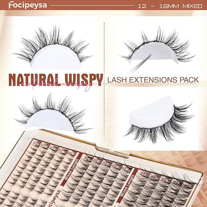 Focipeysa Fairy Eyelash Extension Kit with Lash Bond Seal Wispy Lash Clusters Kit Natural Look Lash Extensions 10-16mm Clusters Eyelashes Extensions Wispy Lash DIY Salon Effect Lash Extension