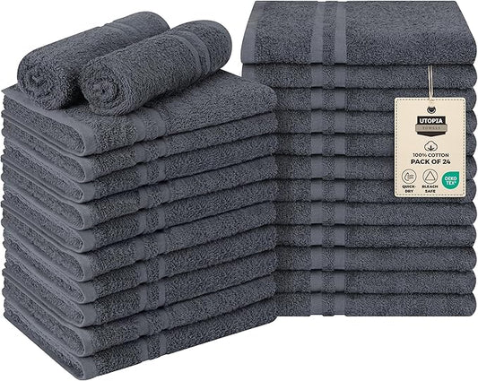 Utopia Towels Cotton Bleach Proof Salon Towel 16 by 27 inches, Bleach Safe Gym 100% Cotton Hand Towel, 24 Pack, Dark Grey