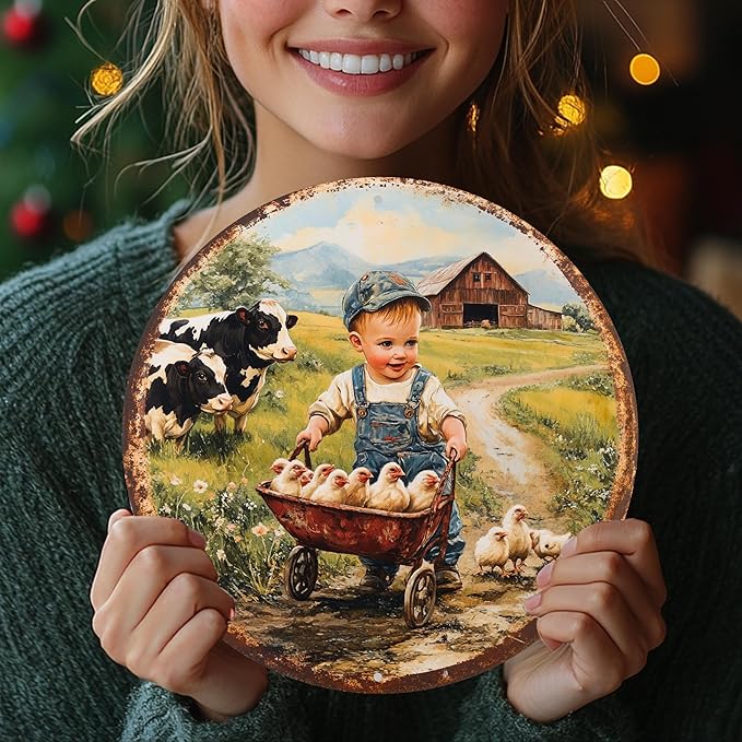 Cbngaoey 1pc Vintage Farm Scene Aluminum Wall Art - 8x8 Inch Round Metal Sign with Boy in Overalls and Chickens,Perfect Gift for Holidays and Outdoor Spaces,Durable Wall Art, Farmhouse Decor