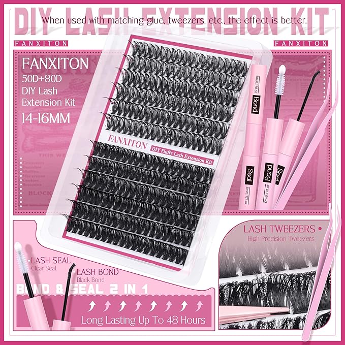 Cluster Lashes Volume Lash Clusters D Thick Eyelashes Extensions 14-16mm Mix 50D+80D Individual Lashes Thin Band Lash Bond and Seal Tweezers for DIY Lash Extension Beginners