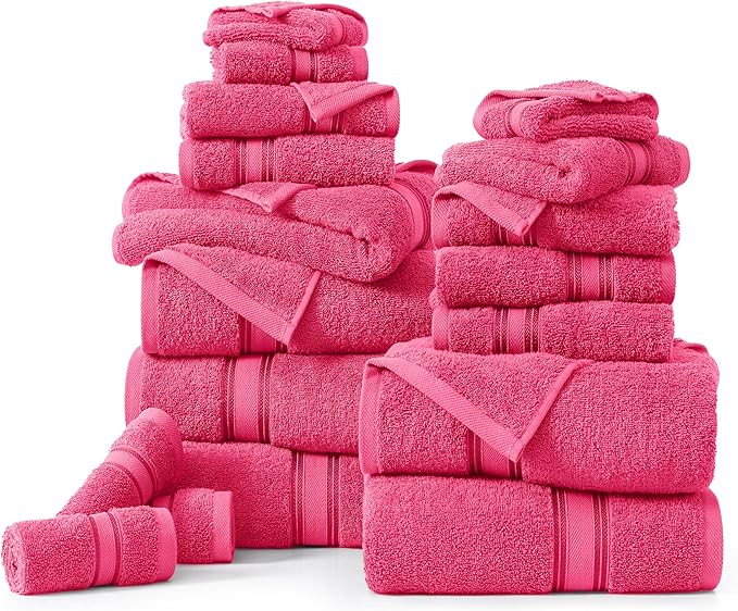 LANE LINEN 100% Cotton Luxury Bathroom Towel Set - 18 Pcs - Zero Twist, Quick Dry, Super Soft & Highly Absorbent - 6 Bath Towels, 6 Washcloths, 6 Hand Towels - Pre Shrunk & Fade Resistant - Fuschia