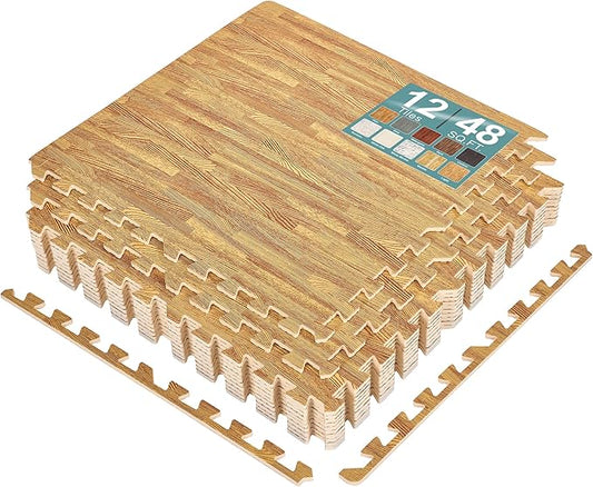 Sorbus Wood Grain Floor Tiles Foam Mat EVA Interlocking Mats Tile 3/8-Inch Thick Flooring Wood Puzzle Exercise Mats w/Borders - Home Playroom Basement, Apartment, Trade Show, Baby, Dance