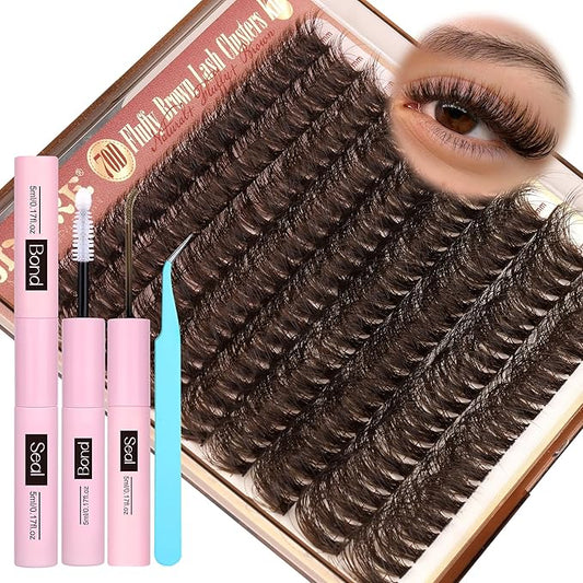 JIMIRE Brown Lash Extension Kit Natural Look Wispy Brown Lash Clusters Individual Lashes with Lash Bond and Seal Wsipy D Curl 10-18MM DIY Eyelash Extension Kit Fluffy Brown Cluster Lashes 180Pcs