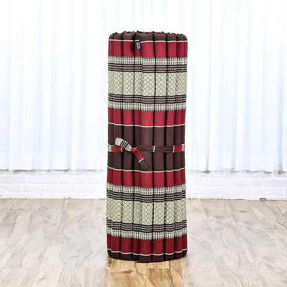 Leewadee - Kapok Roll Mat – Handcrafted Folding Sleep & Relaxation Mattress from Thailand, Ideal as Guest Bed, Camping Mat, Yoga Mat or Traditional Futon, 75 x 39 inches, Brown Red