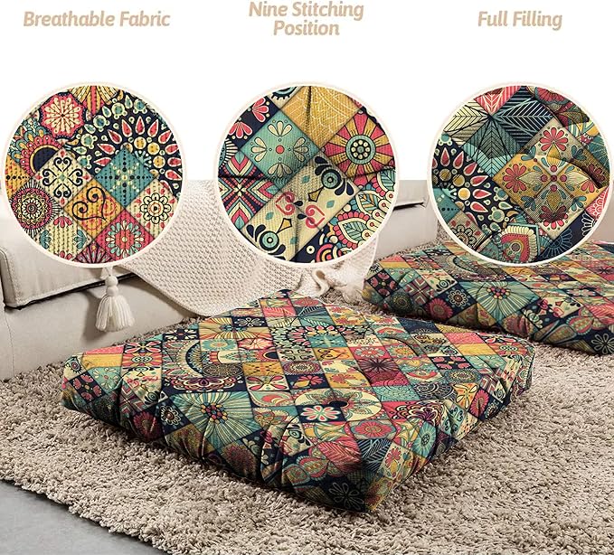 Mandala Meditation Cushion, Boho Meditation Mat, Meditation Pillows for Sitting on Floor, Cushions for Sitting in Home and Outdoor, Square Floor Pillows Cushion Seating for Yoga 22'' X 22''